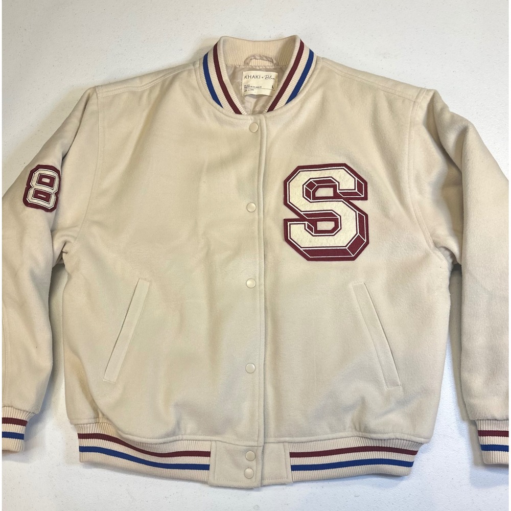 Khaki + Blue Mens Cream Varsity Letterman Jacket Patch Bomber Size L 32081JFP514